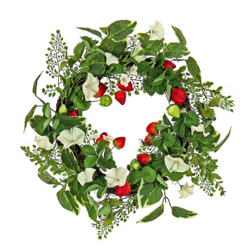 Christmas Santa Hat Artificial Spring Wreath, Woven Branch Base, Decorated with Strawberries, Petunia Blooms, Leafy Greens, Spring Collection, 22 Inches Christmas Santa Hat Artificial Spring Wreath, Woven Branch Base, Decorated with Strawberries, Petunia Blooms, Leafy Greens, Spring Collection, 22 Inches