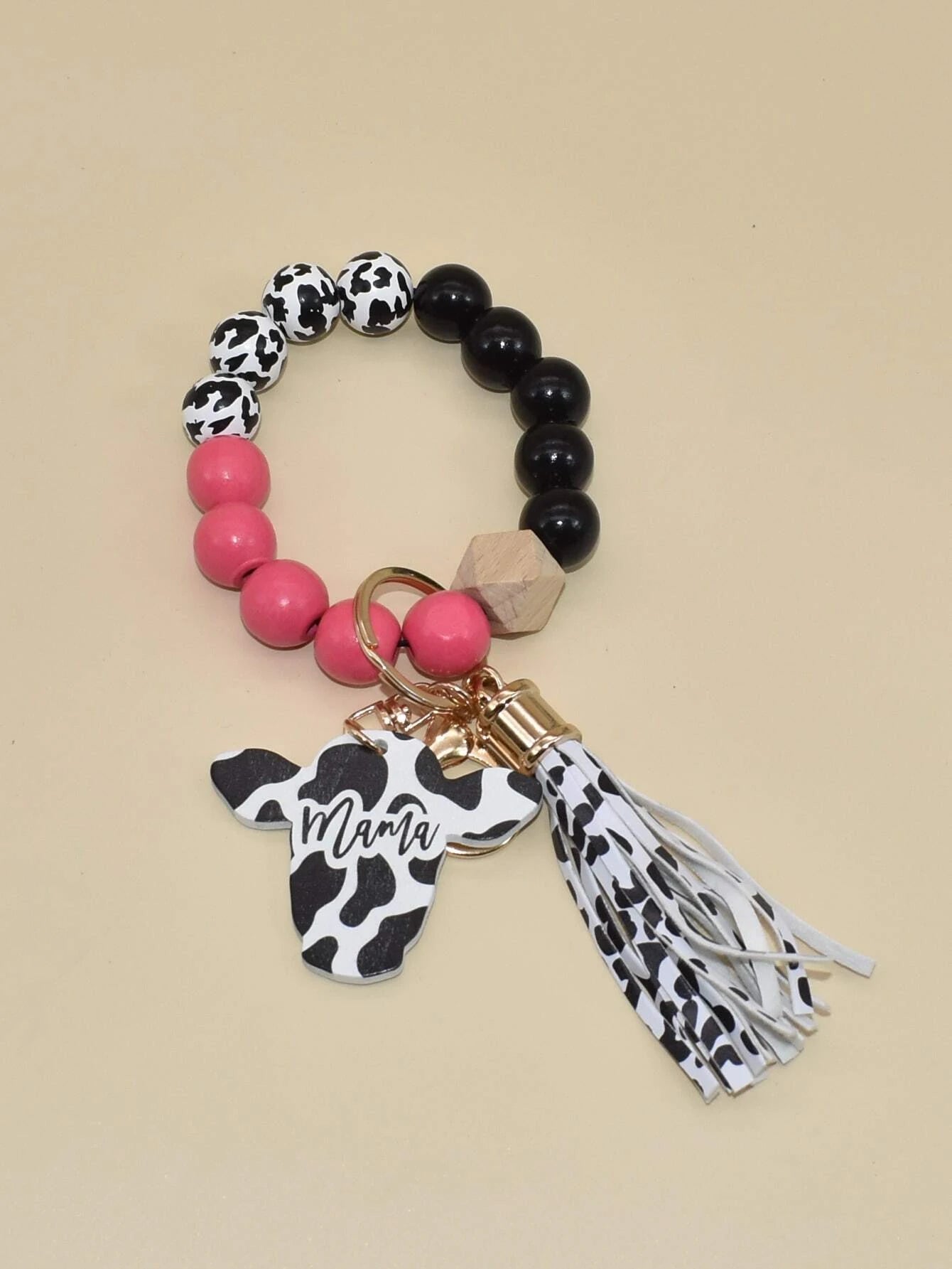 Christmas Gingerbread Hot Pink, Black, & Cow Print Mama Wristlet Keychain