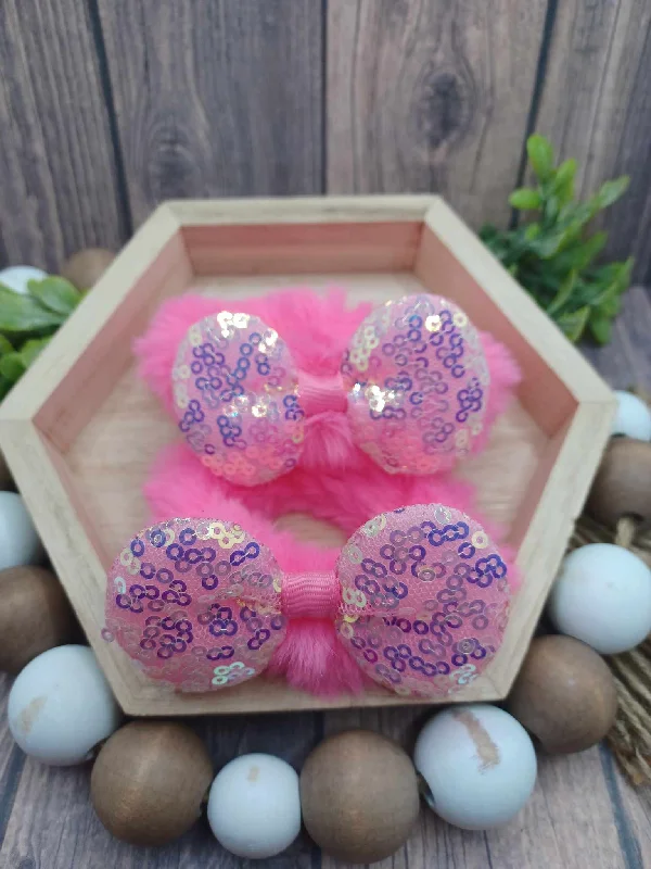 Christmas Movie Night Hot Pink Fuzzy Glitter Bow Scrunchie Set