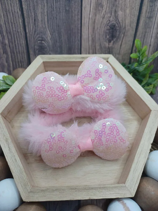 Christmas Fireplace Mantel Light Pink Fuzzy Glitter Bow Scrunchie Set
