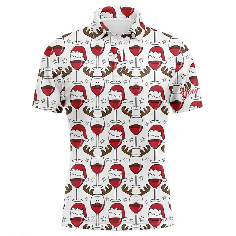 Mens golf polo shirt custom Christmas Wine glass in reindeer antler santa hat, gift for golf lovers NQS6723 Mens golf polo shirt custom Christmas Wine glass in reindeer antler santa hat, gift for golf lovers NQS6723