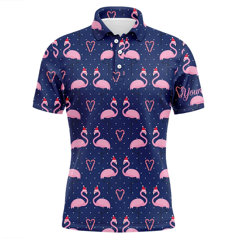 Mens golf polo shirt custom Flamingo in xmas hat with candy cane heart blue background, Xmas golf gift NQS6721 Mens golf polo shirt custom Flamingo in xmas hat with candy cane heart blue background, Xmas golf gift NQS6721