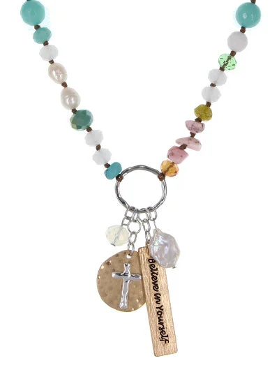 Multicolored Beaded Necklace w/ Cross & "Believe in Yourself" Charm