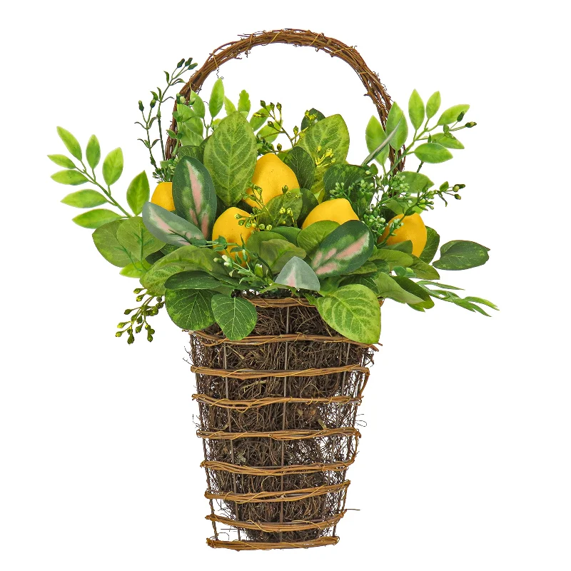 Christmas Holiday Fun Artificial Hanging Wall Basket, Wicker Base, Decorated with Lemons, Seed Pods, Leafy Greens, Spring Collection, 21 Inches Christmas Holiday Fun Artificial Hanging Wall Basket, Wicker Base, Decorated with Lemons, Seed Pods, Leafy Greens, Spring Collection, 21 Inches
