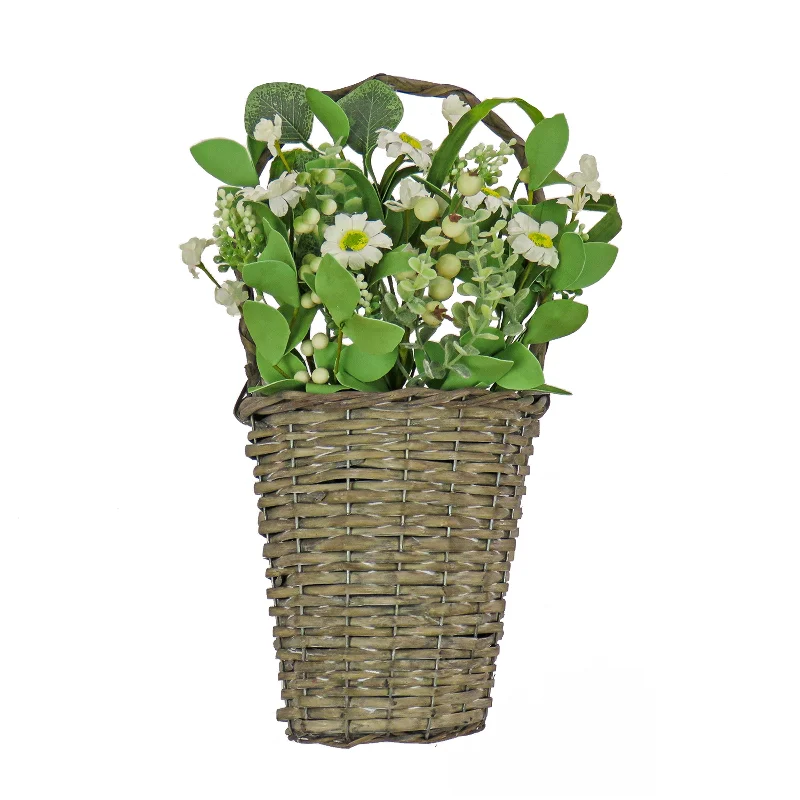 Christmas Gingerbread House Artificial Hanging Wall Basket, Woven Branch Base, Decorated with Daisy Flowers, Berries, Leafy Greens, Spring Collection, 18 Inches Christmas Gingerbread House Artificial Hanging Wall Basket, Woven Branch Base, Decorated with Daisy Flowers, Berries, Leafy Greens, Spring Collection, 18 Inches