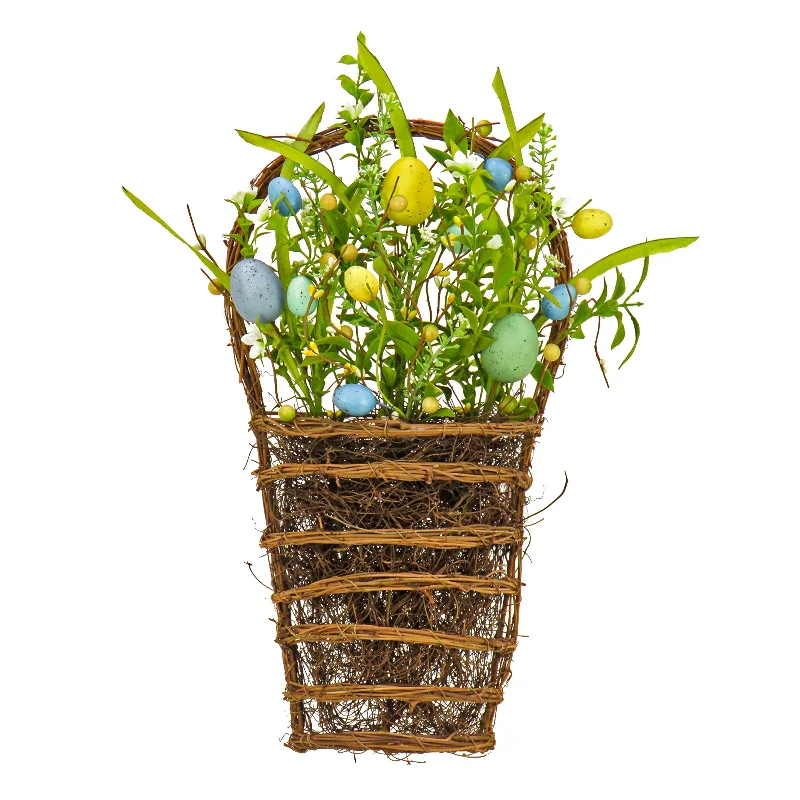 Christmas Holiday Spirit Artificial Hanging Wall Basket, Woven Branch Base, Decorated with Pastel Eggs, Spring Flowers, Leafy Greens, Spring Collection, 18 Inches Christmas Holiday Spirit Artificial Hanging Wall Basket, Woven Branch Base, Decorated with Pastel Eggs, Spring Flowers, Leafy Greens, Spring Collection, 18 Inches