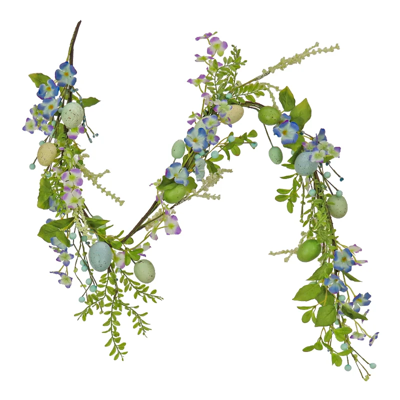 Christmas Joy Artificial Spring Garland, Vine Stem Base, Decorated with Pastel Eggs, Blue Flowers, Berries, Easter Collection, 60 Inches Christmas Joy Artificial Spring Garland, Vine Stem Base, Decorated with Pastel Eggs, Blue Flowers, Berries, Easter Collection, 60 Inches