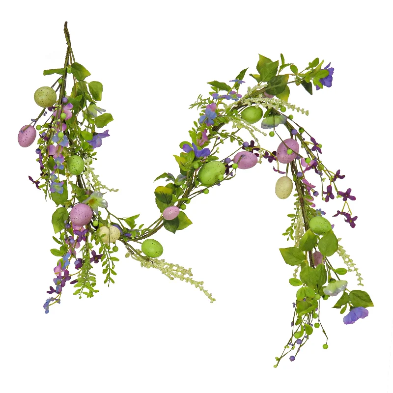 Christmas Wrapping Artificial Spring Garland, Vine Stem Base, Decorated with Pastel Eggs, Purple Flowers, Berries, Easter Collection, 60 Inches Christmas Wrapping Artificial Spring Garland, Vine Stem Base, Decorated with Pastel Eggs, Purple Flowers, Berries, Easter Collection, 60 Inches