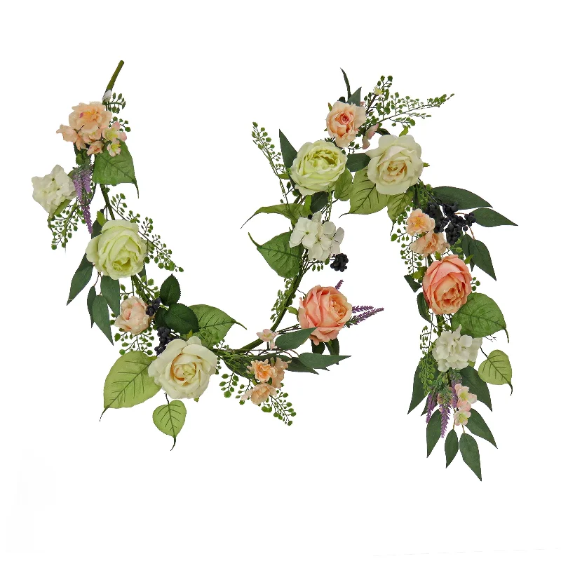 Christmas Themed Party Artificial Spring Garland, Vine Stem Base, Decorated with Rose Blooms, Lavender, Berry Clusters, Leafy Greens, Spring Collection, 6 Feet Christmas Themed Party Artificial Spring Garland, Vine Stem Base, Decorated with Rose Blooms, Lavender, Berry Clusters, Leafy Greens, Spring Collection, 6 Feet
