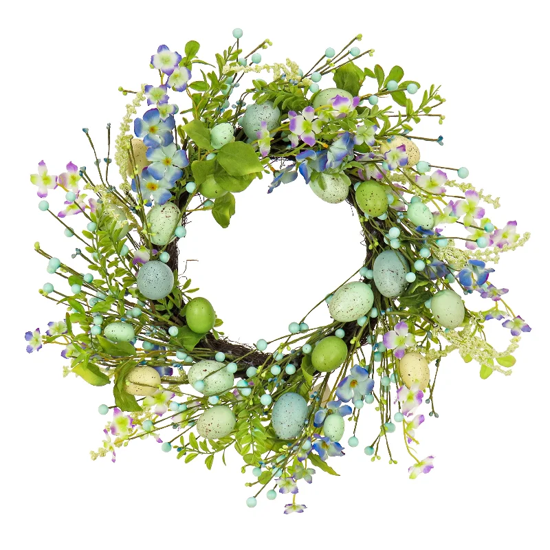 Festive Season Artificial Spring Wreath, Woven Branch Base, Decorated with Blue Flower Blooms, Pastel Eggs, Berries, Easter Collection, 20 Inches Festive Season Artificial Spring Wreath, Woven Branch Base, Decorated with Blue Flower Blooms, Pastel Eggs, Berries, Easter Collection, 20 Inches