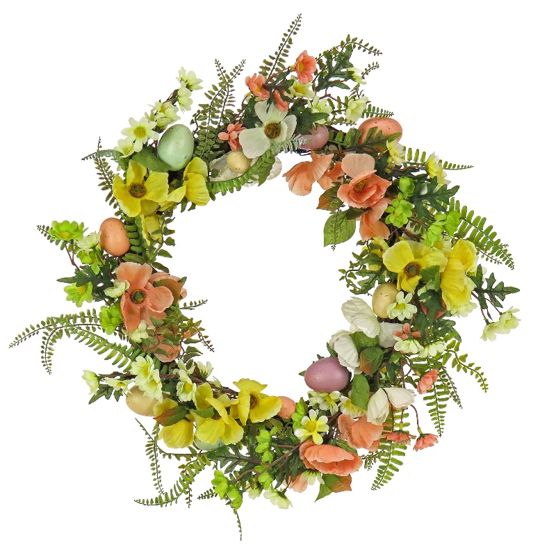 Holiday Lights Artificial Spring Wreath, Woven Branch Base, Decorated with Colorful Pastel Eggs, Pink and Yellow Flowers, Ferns, Leafy Greens, Easter Collection, 22 Inches Holiday Lights Artificial Spring Wreath, Woven Branch Base, Decorated with Colorful Pastel Eggs, Pink and Yellow Flowers, Ferns, Leafy Greens, Easter Collection, 22 Inches