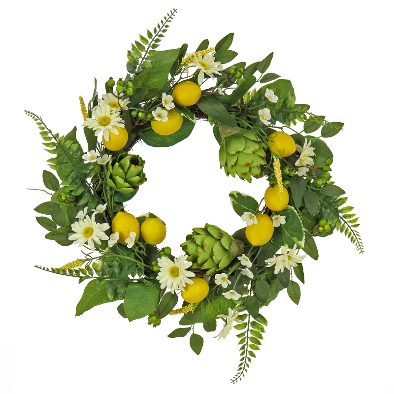 Christmas Candy Canes Artificial Spring Wreath, Woven Branch Base, Decorated with Lemons, Artichokes, Daisy Blooms, Leafy Greens, Spring Collection, 22 Inches Christmas Candy Canes Artificial Spring Wreath, Woven Branch Base, Decorated with Lemons, Artichokes, Daisy Blooms, Leafy Greens, Spring Collection, 22 Inches