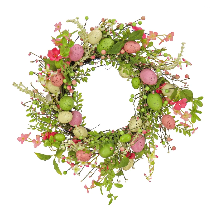 Holiday Fun Artificial Spring Wreath, Woven Branch Base, Decorated with Pink Flower Blooms, Pastel Eggs, Berries, Easter Collection, 20 Inches Holiday Fun Artificial Spring Wreath, Woven Branch Base, Decorated with Pink Flower Blooms, Pastel Eggs, Berries, Easter Collection, 20 Inches