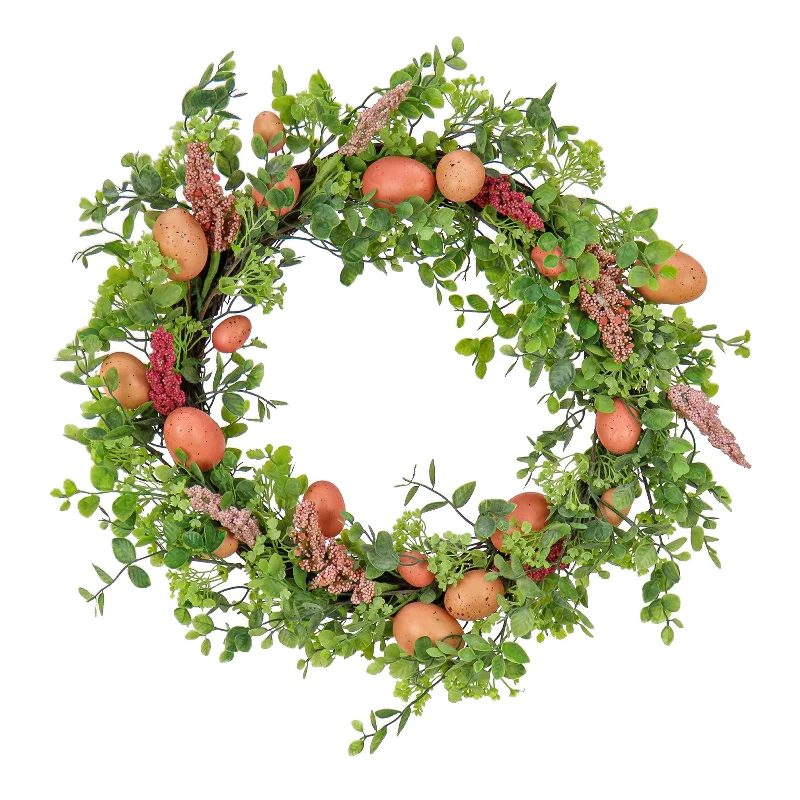 Snowy Christmas Artificial Spring Wreath, Woven Branch Base, Decorated with Pink Pastel Eggs, Pink Flowers, Leafy Greens, Easter Collection, 22 Inches Snowy Christmas Artificial Spring Wreath, Woven Branch Base, Decorated with Pink Pastel Eggs, Pink Flowers, Leafy Greens, Easter Collection, 22 Inches