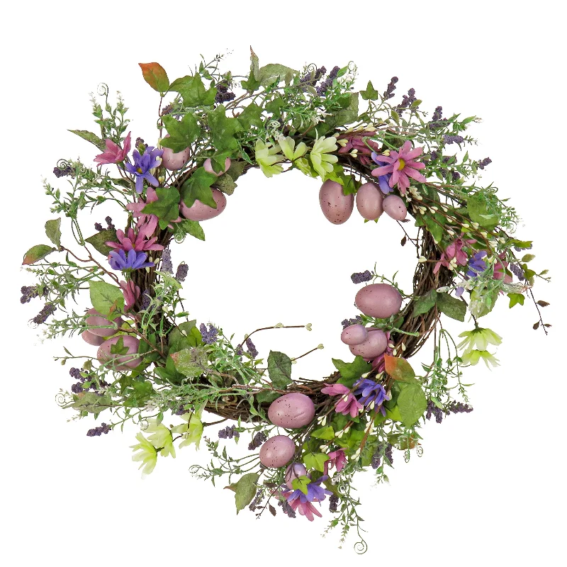 Christmas Fireplace Artificial Spring Wreath, Woven Branch Base, Decorated with Purple Pastel Eggs, Pink Flowers, Leafy Greens, Easter Collection, 22 Inches Christmas Fireplace Artificial Spring Wreath, Woven Branch Base, Decorated with Purple Pastel Eggs, Pink Flowers, Leafy Greens, Easter Collection, 22 Inches