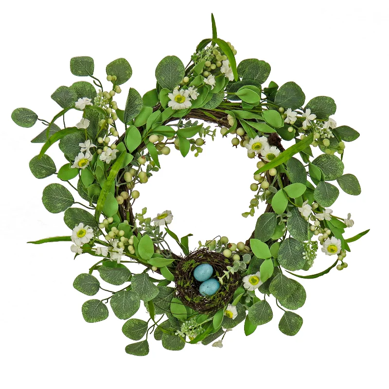 Christmas Wreath Making Artificial Spring Wreath, Woven Branch Base, Decorated with Spring Blooms, Berries, Bird's Nest with Pastel Eggs, Spring Collection, 20 Inches