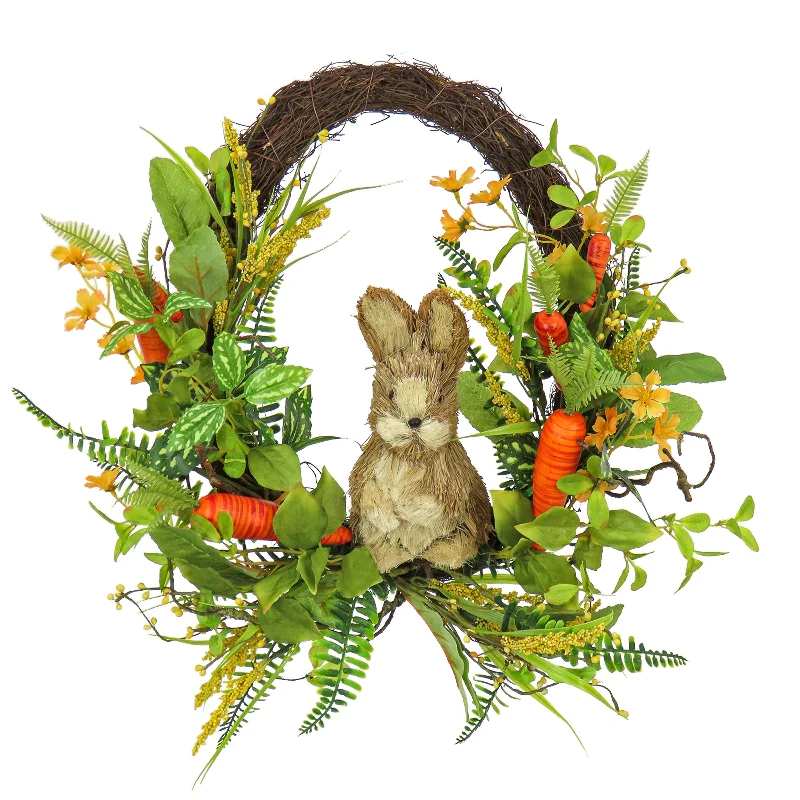 Christmas Mistletoe Artificial Spring Wreath, Woven Branch Base, Decorated with Wooden Bunny, Carrots, Leafy Greens, Berries, Easter Collection, 16 Inches Christmas Mistletoe Artificial Spring Wreath, Woven Branch Base, Decorated with Wooden Bunny, Carrots, Leafy Greens, Berries, Easter Collection, 16 Inches