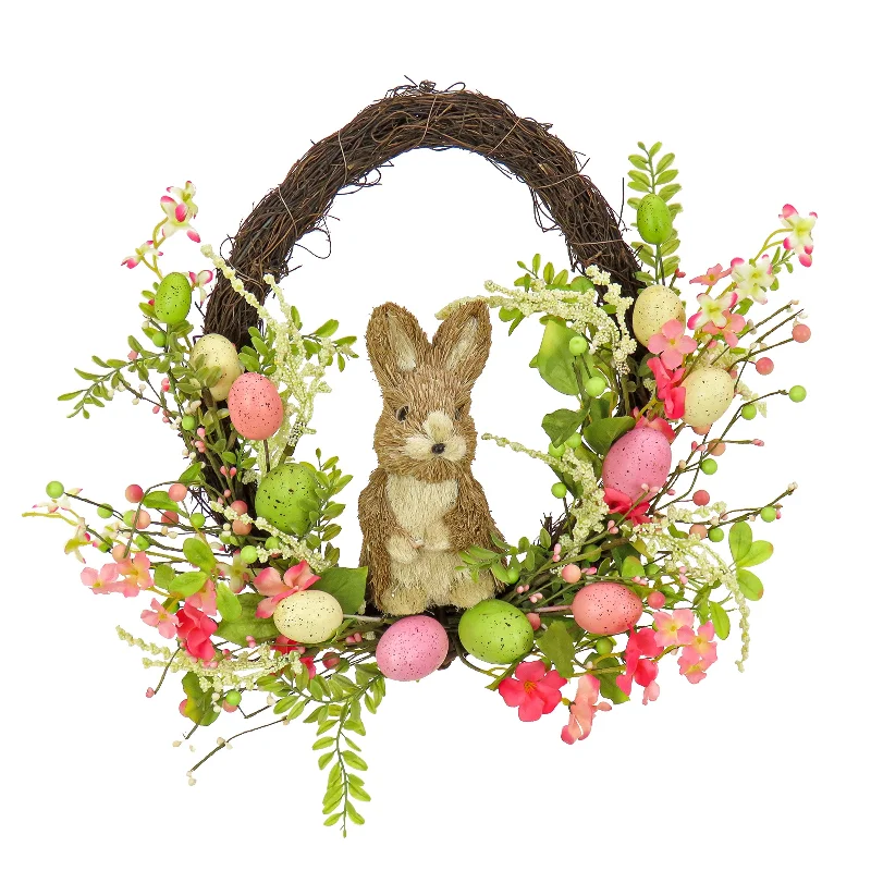 Christmas Wonderland Artificial Spring Wreath, Woven Branch Base, Decorated with Wooden Bunny, Pink Flower Blooms, Pastel Eggs, Berries, Easter Collection, 16 Inches