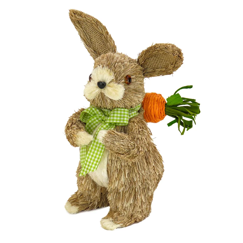 Christmas Wrapped Surprises Bunny with Carrot Table Decoration, Natural Wood Fibers on Foam Base, Decorated with Checkered Green Bow, Easter Collection, 10 Inches Christmas Wrapped Surprises Bunny with Carrot Table Decoration, Natural Wood Fibers on Foam Base, Decorated with Checkered Green Bow, Easter Collection, 10 Inches