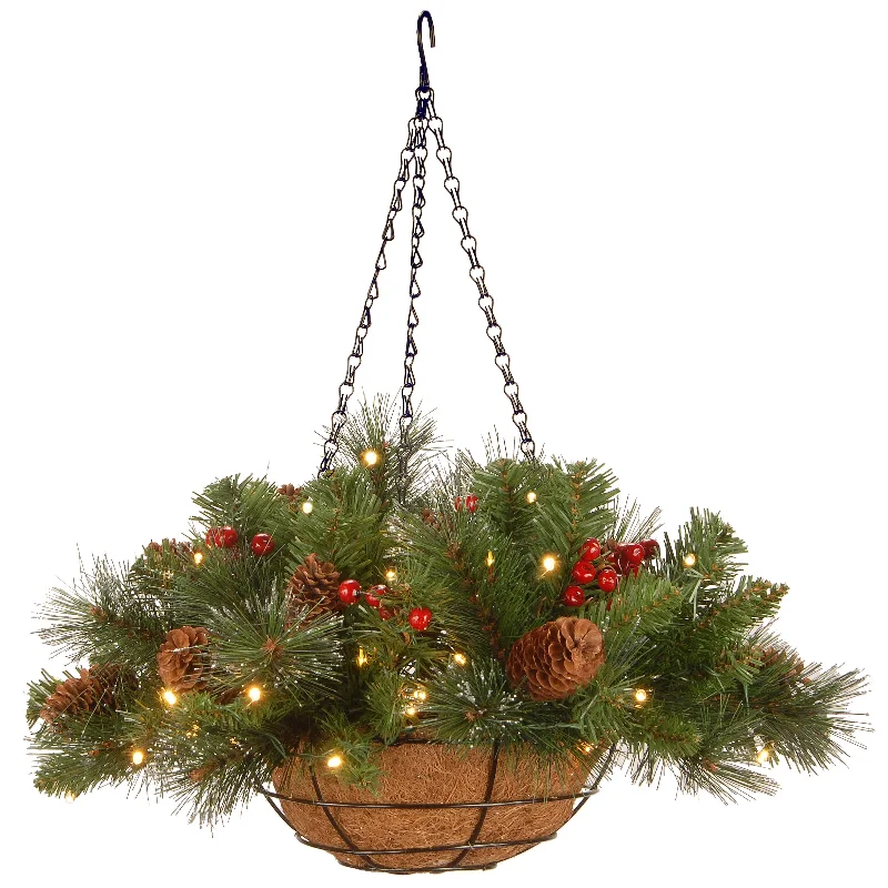 Christmas Wrapped Surprises 16 in. Pre-Lit Crestwood Spruce Hanging Basket with LED Lights Christmas Wrapped Surprises 16 in. Pre-Lit Crestwood Spruce Hanging Basket with LED Lights
