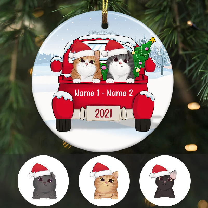 Personalized Cat Christmas Red Truck Circle Ornament AG264 81O34