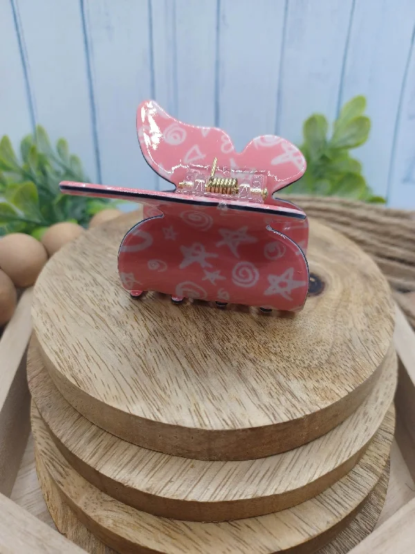 Christmas Wrapping Pink Butterfly Hair Claw Clip w/ Multicolored Stars & Shapes