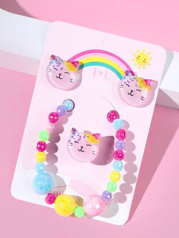 Christmas Wrapped Surprises Pink Cat Bracelet, Earrings, & Ring Set