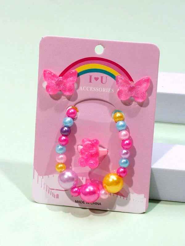Christmas Chilly Nights Pink Glitter Butterfly Bracelet, Earrings, & Ring Set
