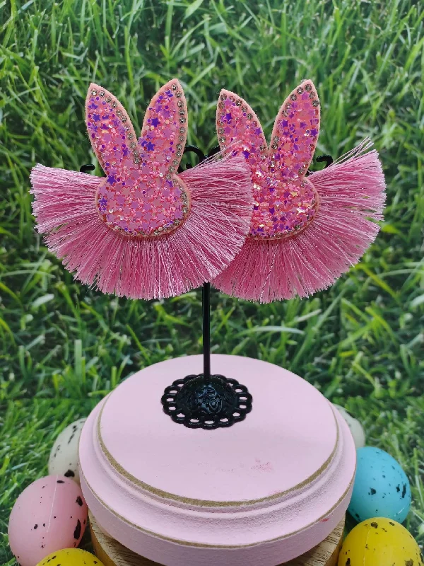 Christmas Fireplace Decor Pink Glitter & Tassel Bunny Earrings