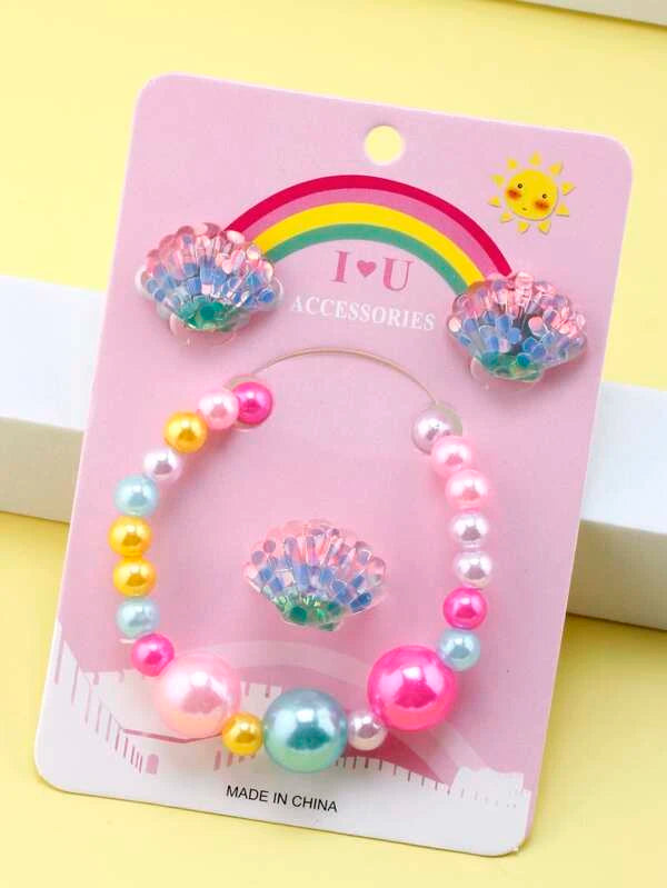 Christmas Classic Music Pink to Blue Ombre Seashell Bracelet, Earrings, & Ring Set