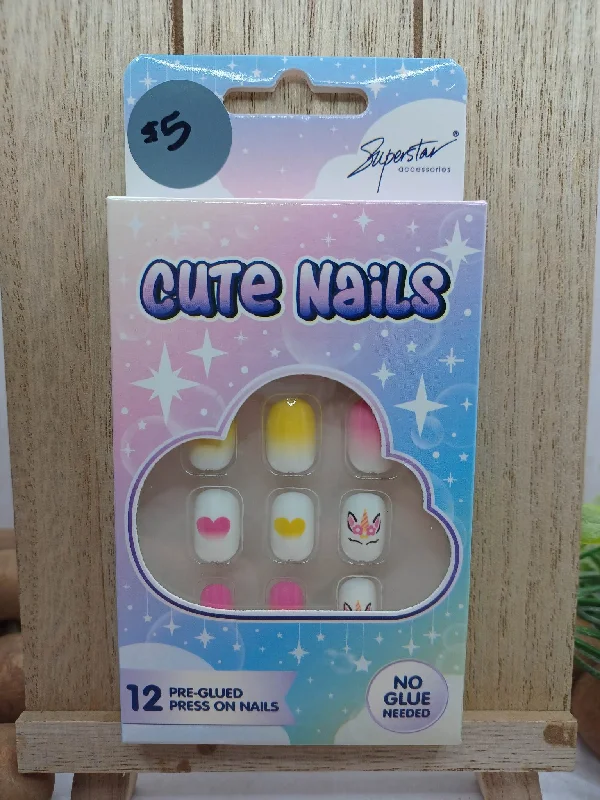 Christmas Snowy Pathways Pink & Yellow Unicorn Little Girls Nails