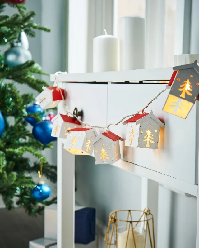 Christmas Holiday Spirit Decorative Wooden House LED Lights String, 1.8 m
