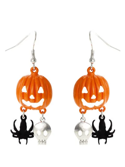 Pumpkin Earrings w/ Spider & Skeleton