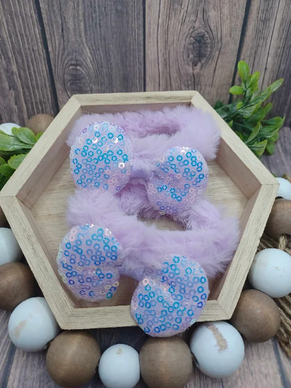 Christmas Pine Tree Purple Fuzzy Glitter Bow Scrunchie Set
