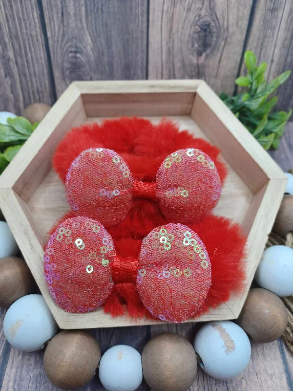 Christmas Church Service Red Fuzzy Glitter Bow Scrunchie Set