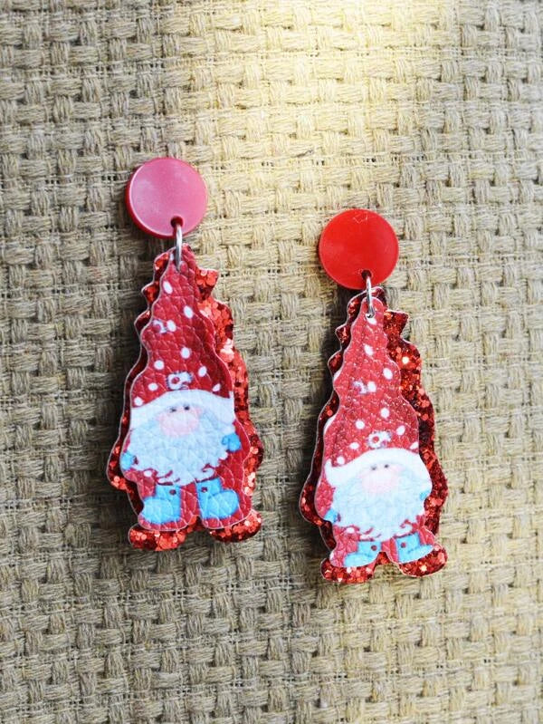 Christmas Pine Garland Red Gnome Double Layered Earrings w/ Red Glitter