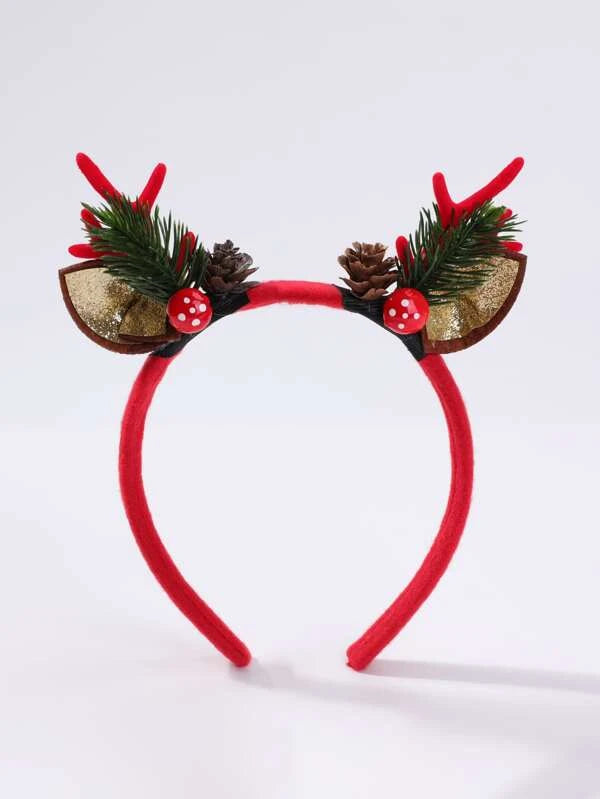 Christmas Lights Red Headband w/ Reindeer Antlers & Evergreen Detail