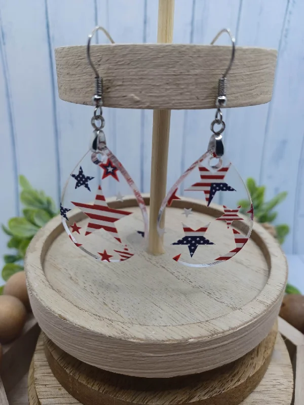 Christmas Sleigh Ride Red, White, & Blue Stars & Stripes Acrylic Teardrop Earrings