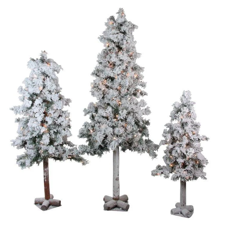 Christmas Gift Ideas Set of 3 Pre-Lit Flocked Woodland Alpine Artificial Christmas Trees 3' 4' and 5' - Clear Lights