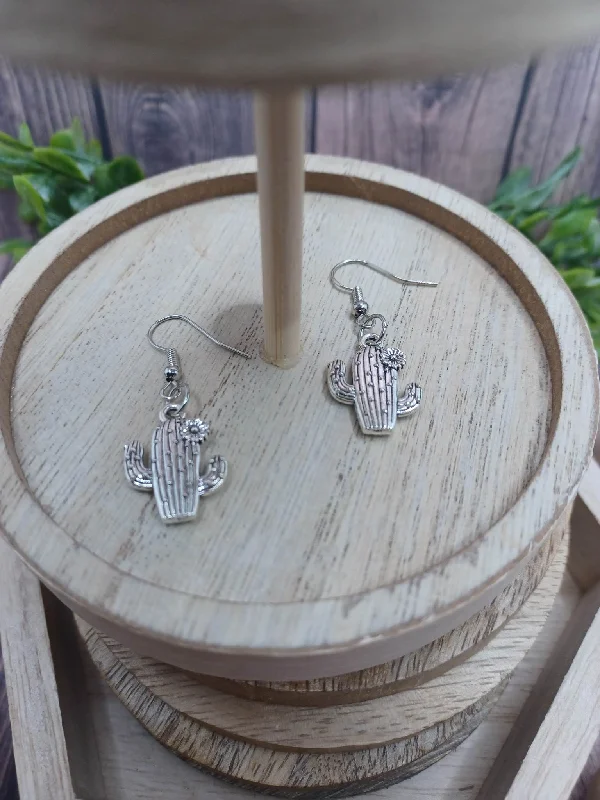 Christmas Decor Silver Cactus w/ Flower Earrings