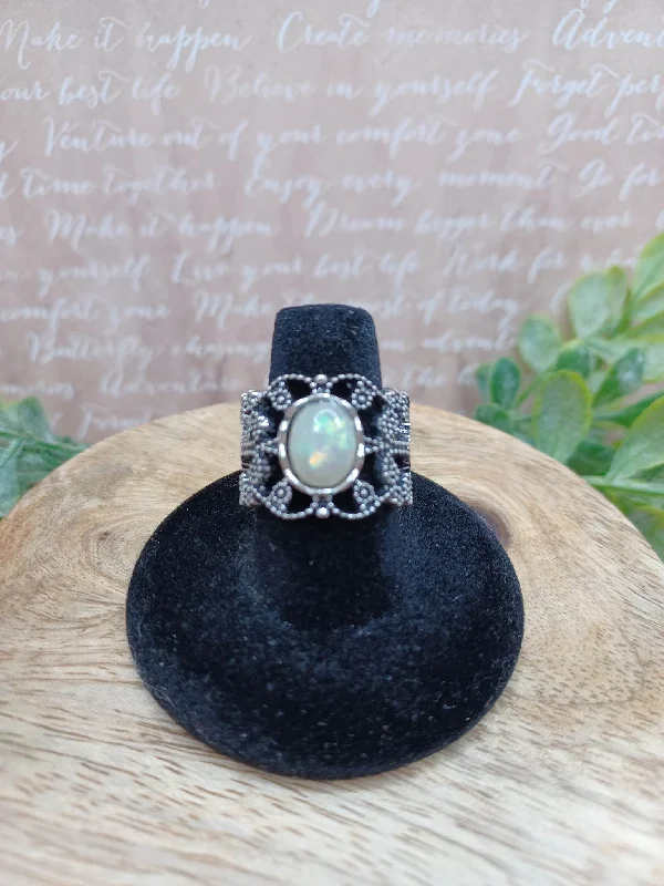 Christmas Red Stockings Silver Filigree Style Adjustable Ring w/ Opal Glittered Stone