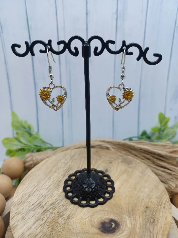 Christmas Gifting Season Silver Heart Earrings w/ Sunflowers