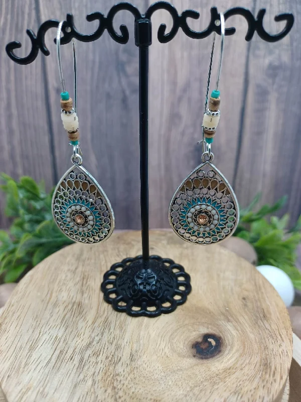Christmas Holiday Excitement Silver Teardrop Earrings w/ Blue, White, & Brown Beading