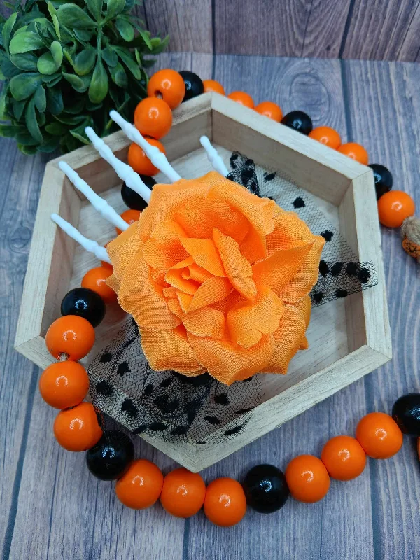 Skeleton Hand Hair Clip w/ Orange Rose