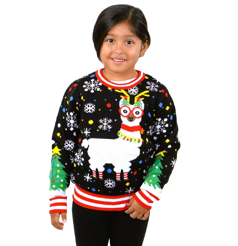Christmas Garland Lights SOCAL LOOK Ugly Christmas Sweater for Kids, Black Long Sleeve Children Festive Tacky Cute Lama Holiday Xmas Pullover for Boys & Girls