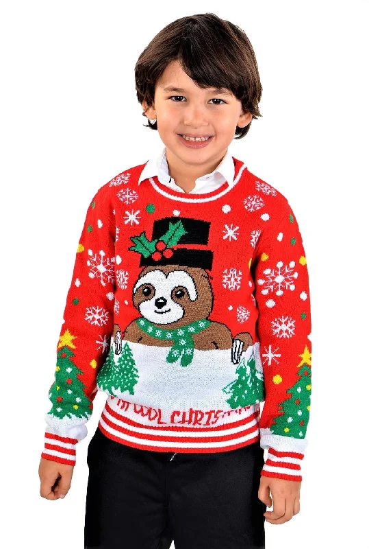 Christmas Cocoa SOCAL LOOK Ugly Christmas Sweater for Kids- Red Long Sleeve Unisex Children Festive Cute Sloth Holiday Pullover for Boys & Girls