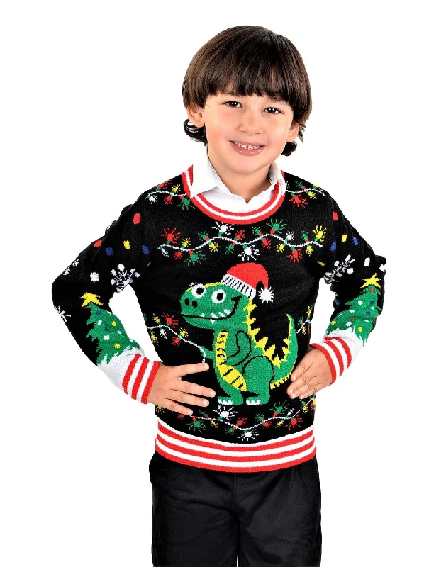 Christmas Winter Nights SOCAL LOOK Kids Best Ugly Christmas Sweater - Black Long Sleeve Unisex Children Tacky Cute T-Rex Holiday Pullover for Boys & Girls
