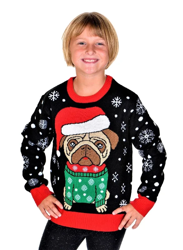 Christmas Lights Display SOCAL LOOK Kids Ugly Christmas Sweater, Black Long Sleeve Unisex Children Cute Pug Holiday Xmas Pullover for Boys & Girls