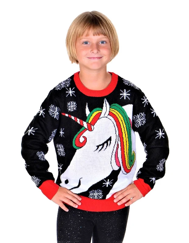 Christmas Red And Green SOCAL LOOK Kids Unicorn Ugly Christmas Sweater – Black Long Sleeve Holiday Pullover for Boys & Girls, Festive Tacky Xmas Sweater