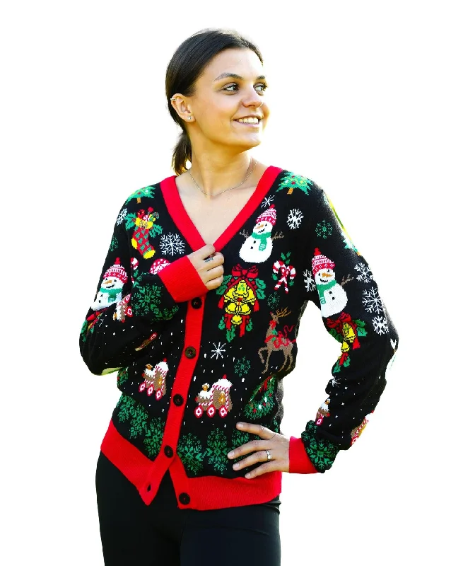 Festive Season SOCAL LOOK Women Ugly Christmas Sweater Cardigan, Long Sleeve Black Color Ugliest Festive Best Holiday Xmas Pullover Festive Season SOCAL LOOK Women Ugly Christmas Sweater Cardigan, Long Sleeve Black Color Ugliest Festive Best Holiday Xmas Pullover